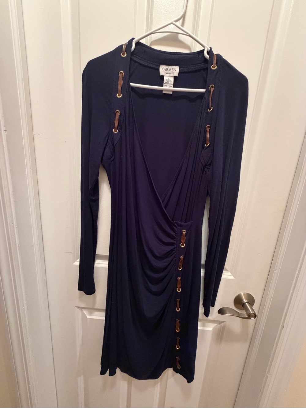 Carmen Marc Valvo Navy Wrap-Style Long Sleeve Dress -Size large